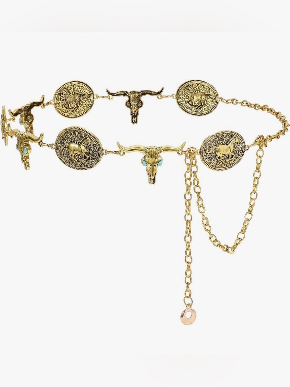 WHIPPY Western Concho Chain Belt Cowgirl Boho Turquoise Adjustable S/M Gold